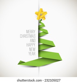 Simple vector card with green christmas tree made from paper stripe - original new year card