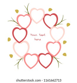 Simple vector card with pink hearts and leaves.