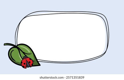 Simple vector card template design with green tree leaf and ladybug. Editable frame with spring design. Hand drawn background for text, photo, price tag, sticker. Vector illustration