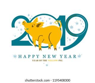 Simple vector card with a Yellow Pig in 2019. New Year's design. 2019 concept.