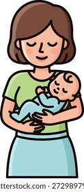 Simple vector cartoon icon depicting a loving mother holding her newborn baby in her arms. Maternity, care, and family concept.