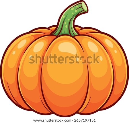 A simple vector cartoon illustration of a bright orange pumpkin with a green stem, isolated on white. Ideal for autumn, Halloween, and Thanksgiving themes.