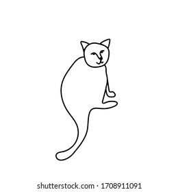 Simple gato vectorial. Ilustración de mascotas de otoño con líneas negras sobre el doodle de fondo aislado blanco. Diseño para colorear, postales, web, afiche, logo, impresión.