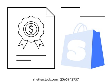 Simple vector of a certificate with a dollar sign ribbon and a shopping bag with the letter S. Ideal for financial themes, certification, shopping, e-commerce, and marketing. Main colors are blue