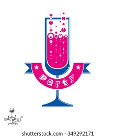 Goblet vectorial simple de champán con burbujas y cinta festiva. ¿Elemento de diseño gráfico de bebidas alcohólicas? idea de celebración de aniversario, ilustración de vino espumoso eps8.