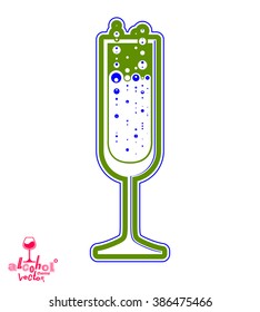 Simple vector champagne party goblet with bubbles. Alcohol beverage graphic design element, anniversary celebration idea, sparkling wine illustration.