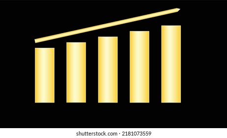Simple vector chart in gold gradient color on black background. Rising trend. Black background. Five pillars. Business, finance, sales, office, money, investing, trading.