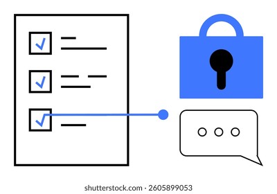 Simple vector of a checklist with three items, a blue lock, and a speech bubble. Ideal for themes of security, privacy, task management, communication, and data protection. Modern flat style