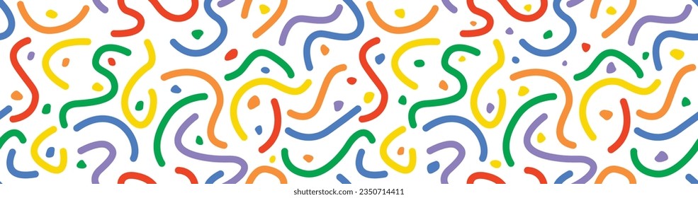 Simple vector childish seamless pattern. Playful creative modern abstract shapes. Kid education design. Rainbow colors red orange yellow green blue purple. Line stroke can change. Light elegant doodle
