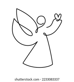 Simple vector Christmas angel and heart  continuous one line drawing  print for clothes   logo design  emblem silhouette one single line  isolated abstract illustration 