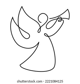 Simple vector Christmas angel and trumpet  continuous line drawing  print for clothes   logo design  emblem silhouette one single line  isolated abstract illustration 