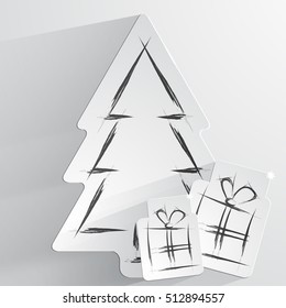 Simple vector christmas background with paper tree and gifts . White paper - original new year card