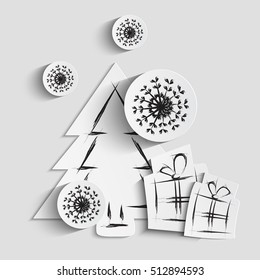 Simple vector christmas background with paper tree, gifts and snowflakes. White paper - original new year card