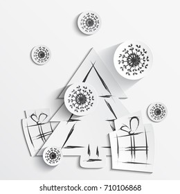 Simple vector christmas background with paper tree, gifts and snowflakes