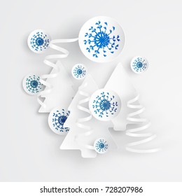 Simple vector christmas background with paper tree, gifts and snowflakes. White paper - original new year card. New Year Card