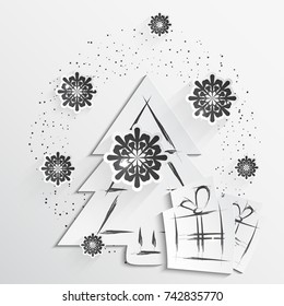 Simple vector christmas background with paper tree, gifts and snowflakes. White paper - original new year card