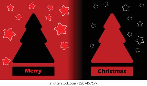 simple vector Christmas background. Shades of red and black. Black Christmas tree on a red background and vice versa. Illustration complete with a Christmas greeting and stars in a gradient color.