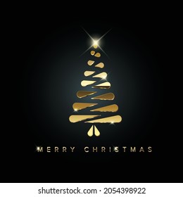 Simple vector christmas card with abstract golden christmas tree made from golden metallic droplet blocks - original simple minimalistic new year card