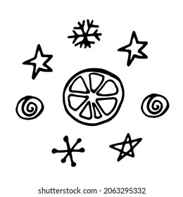 Simple vector Christmas doodle style illustration. Hand drawn illustration with black liner in line art style. Creation of design for New Year, winter, Christmas