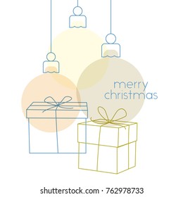 Simple vector christmas greeting card with hanging baubles and gifts