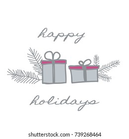 Simple vector christmas and happy holidays greeting card with christmas presents