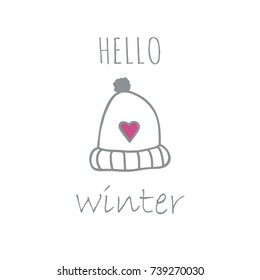 Simple vector christmas and  hello winter greeting card with hand drawn doodle hat