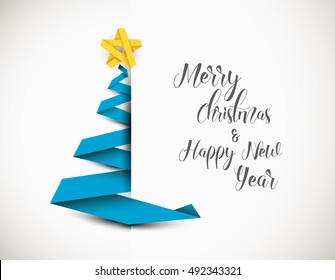 Simple vector christmas tree made from blue paper stripe - original new year card