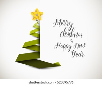 Simple vector christmas tree made from green paper stripe - original new year card