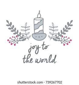 Simple vector christmas and winter greeting card with joy to the world words and candle