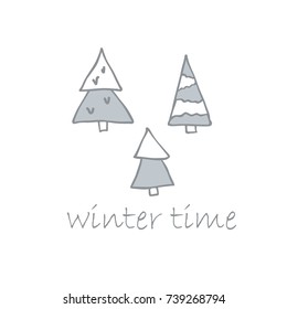 Simple vector christmas and winter greeting card with cute hand drawn christmas trees