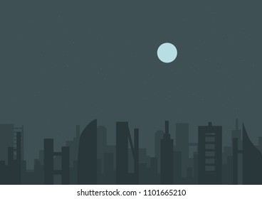 simple vector cityscape illustration. night town under full moon