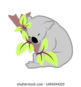 Simple vector clipart of a sleeping koala among tree leaves. Sitting marsupial koala hugs a tree trunk with closed eyes, cute doodle of an Australian animal