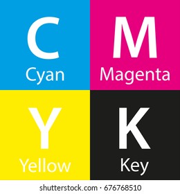 Simple vector cmyk color sample with color name, background with cyan, magenta, yellow and key