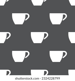 Simple vector coffee background. Repetitive geometric coffee icons. Seamless pattern with coffee cups on grey background