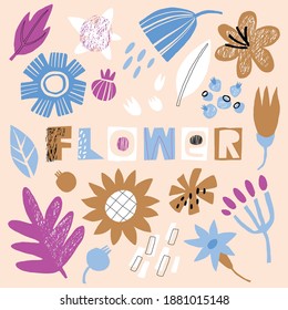 Simple vector collection of flowers with lettering. Cartoon set of flowers in pastel colors. Stylish collection of floral elements and hand drawn vector lettering "flower".