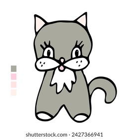 Simple vector color drawing. Cute cartoon gray cat. Pets, children's toys.