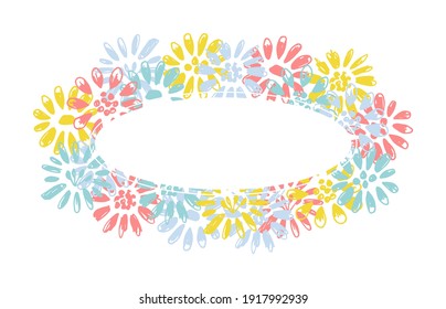 Simple vector color drawing. Oval flower frame with place for name in the center. For product decoration, postcard, cosmetics, invitation. Spring summer seasonal design.