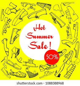  Simple vector color illustration of various men's and women's shoes in the shape of circle  and text on yellow backround. Isolated on white background. Shoes sale, shopping. 