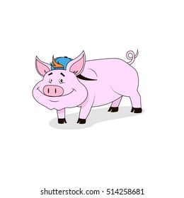 simple vector colored cartoon illustration of a smiling pink pig in a baseball cap