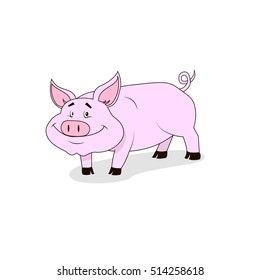 simple vector colored flat art cartoon illustration of a smiling pink pig