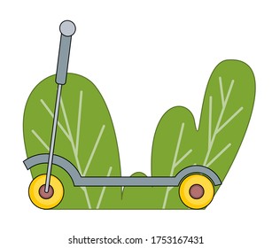 Simple vector colorful cartoon icon of scooter isolated. Electric scooter, eco transport, vehicle at green bush background. Balance bike with yellow wheels. Save nature, go green, push scooter