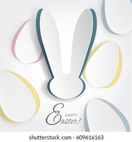 Simple vector colorful paper eggs and funny rabbit. Cut out effect for happy easter decorate.card design background. Isolated festive element. Traditional bunny symbol. 