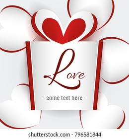 Simple vector colorful paper hearts and gift box. Cut out effect for decorate. Love Invitation card. Gift on hearts background. Illustration of love and valentine day.Origami made gift box with hearts