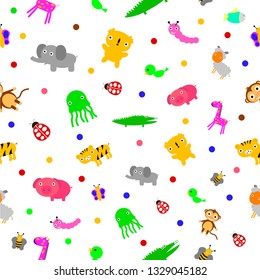 Simple Vector colorful Seamless Pattern Dot, Baby, Animal, jelly fish, crocodile, monkey, bee, butterfly, koala, pig, giraffee, bird, tiger, for background, banner wrapping paper, curtain etc
