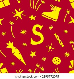 Simple vector colorful seamless pattern. Traditional feast of Saint Nicholas, Sinterklaas. For packing paper prints, gifts. Yellow, golden elements on a dark red, burgundy background.