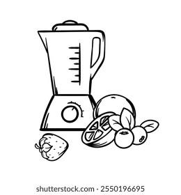 Simple vector coloring book of a blender and fruits for a smoothie. Hand drawn image of kitchen utensils, cafe, restaurant, cooking. Set of elements and icons for design and decoration