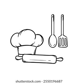 Simple vector coloring book of a chef's hat, rolling pin and kitchen spatulas. Hand drawn image of kitchen utensils, cafe, restaurant, cooking. Set of elements and icons for design and decoration