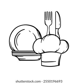 Simple vector coloring book of a kitchen hood, plates, fork and knife. Hand drawn image of kitchen utensils, cafe, restaurant, cooking. Set of elements and icons for design and decoration