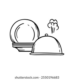 Simple vector coloring book of plates and cloche. Hand drawn image of kitchen utensils, cafe, restaurant, cooking. Set of elements and icons for design and decoration