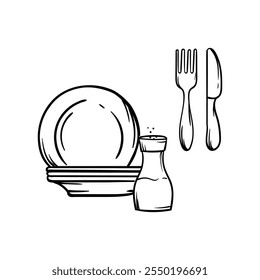 Simple vector coloring book of plates, salt shaker, fork and knife. Hand drawn image of kitchen utensils, cafe, restaurant, cooking. Set of elements and icons for design and decoration